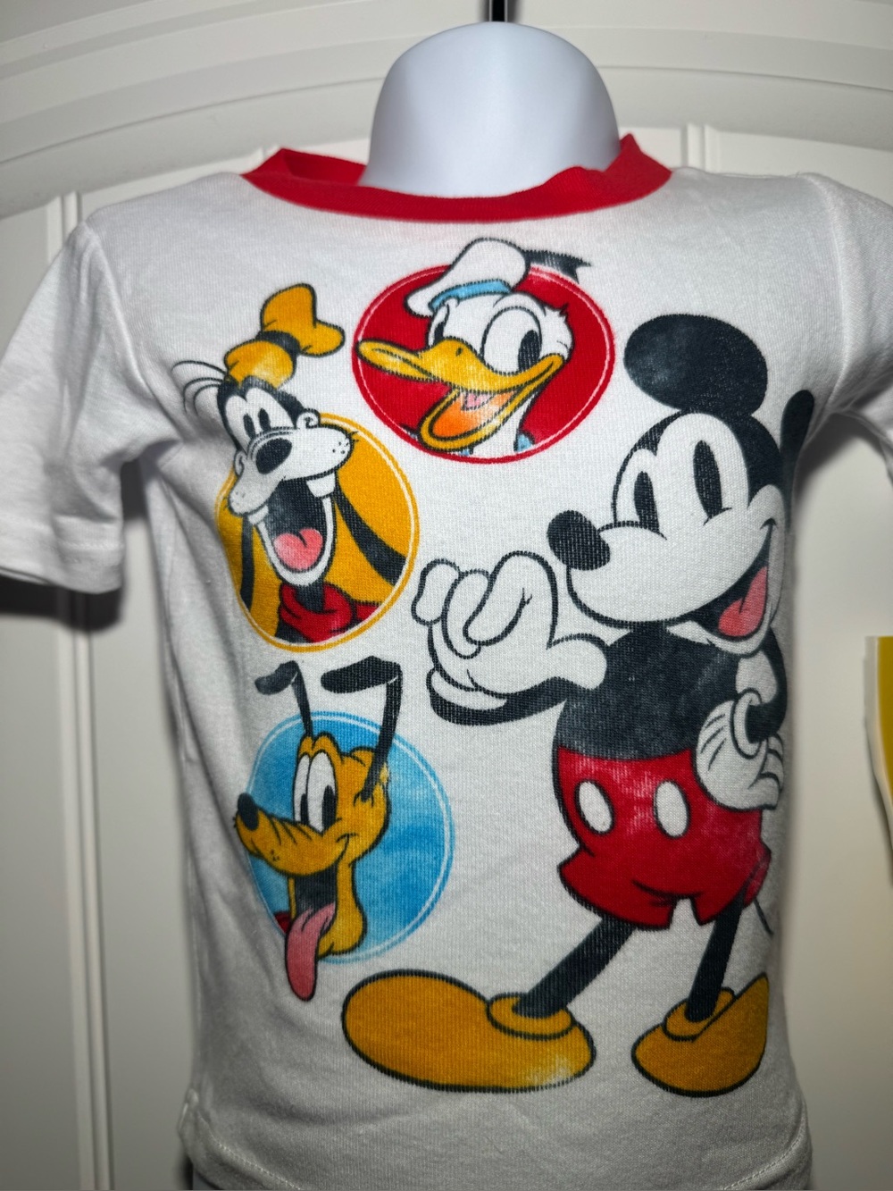 Disney White Kids Tee with Mickey & Friends Graphic and Red Trim